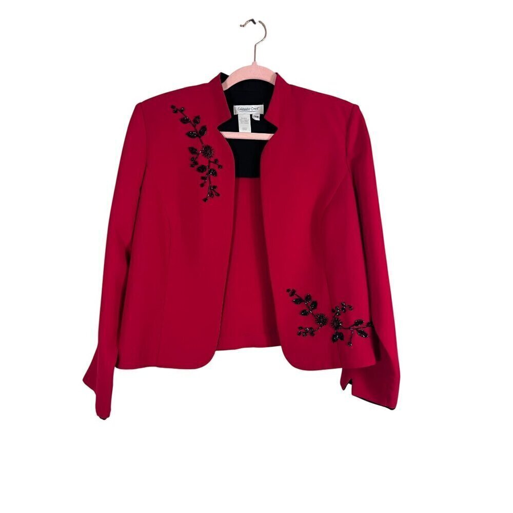 Coldwater Creek‎ Jacket Women 12P Red Open Front Office Beaded Floral Embroidery